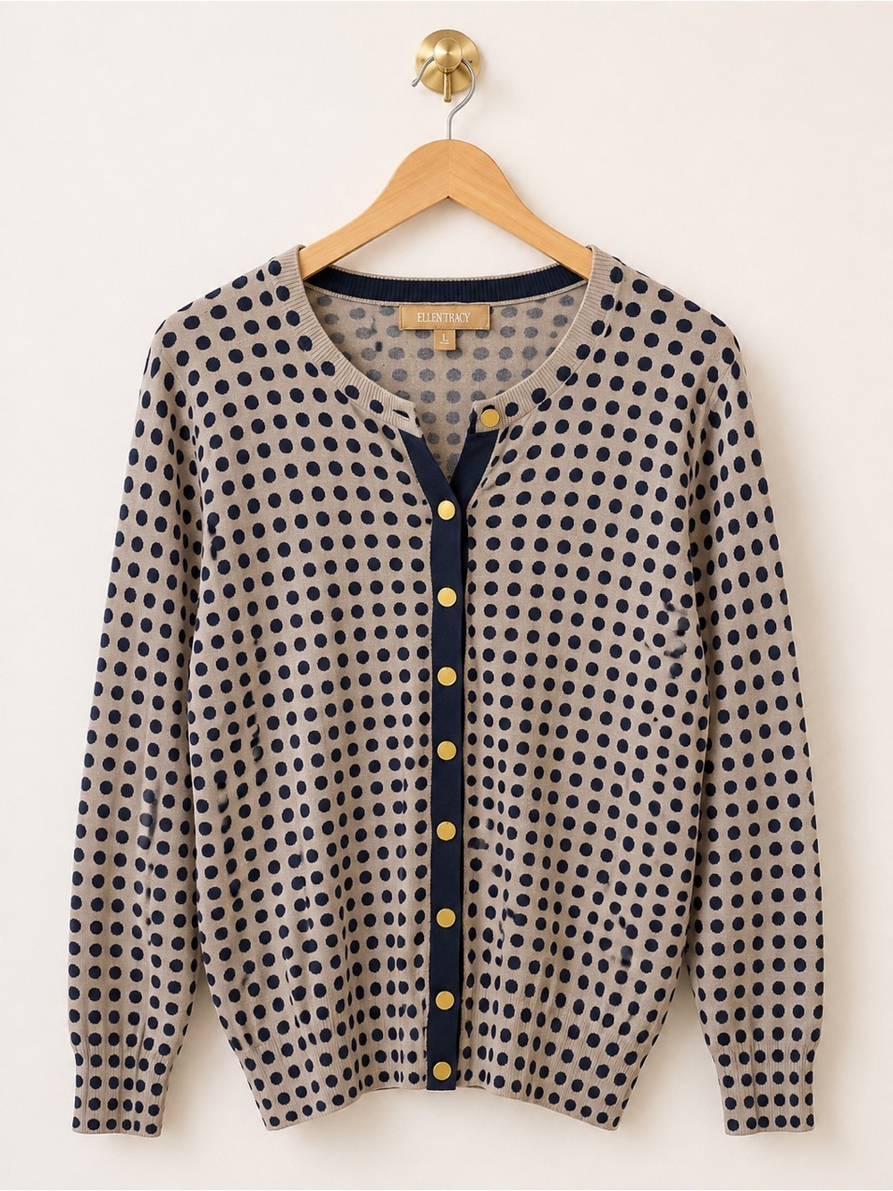 Ellen Tracy Navy Polka Dot Cardigan Size L